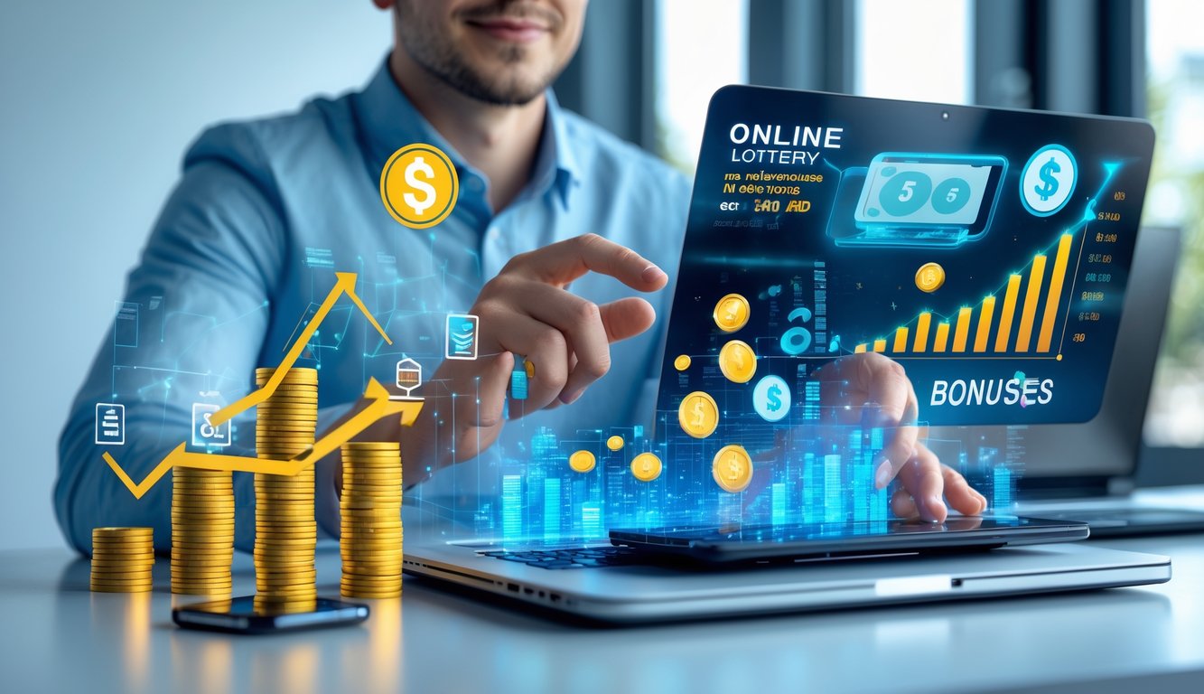 Seseorang menggunakan laptop dan ponsel di kantor modern dengan grafik digital yang menunjukkan keuntungan dan bonus tanpa potongan.