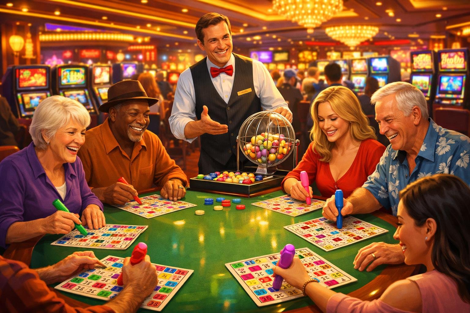 A Group Of Diverse People Playing Bingo At A Casino Table With A Dealer, Surrounded By Casino Lights And Slot Machines.