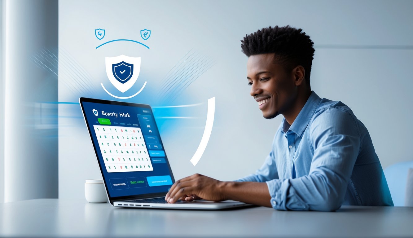 Seseorang menggunakan laptop di ruang kerja modern dengan tampilan antarmuka lotere digital dan ikon keamanan serta garis cahaya yang menunjukkan kecepatan dan kepercayaan.