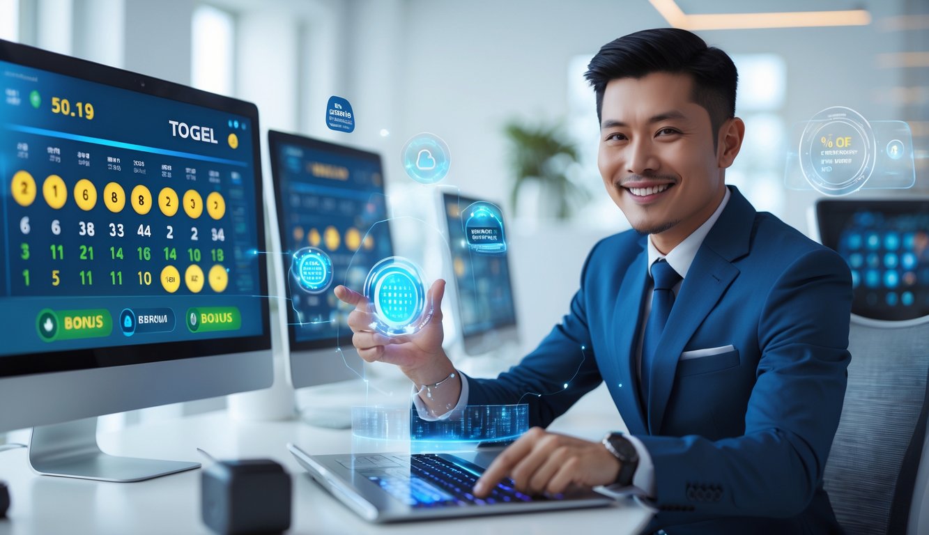 Seorang pria Asia Tenggara duduk di meja kantor modern dengan beberapa layar digital menampilkan angka togel dan grafik bonus, menunjukkan platform togel online terpercaya yang cepat dan tanpa potongan.