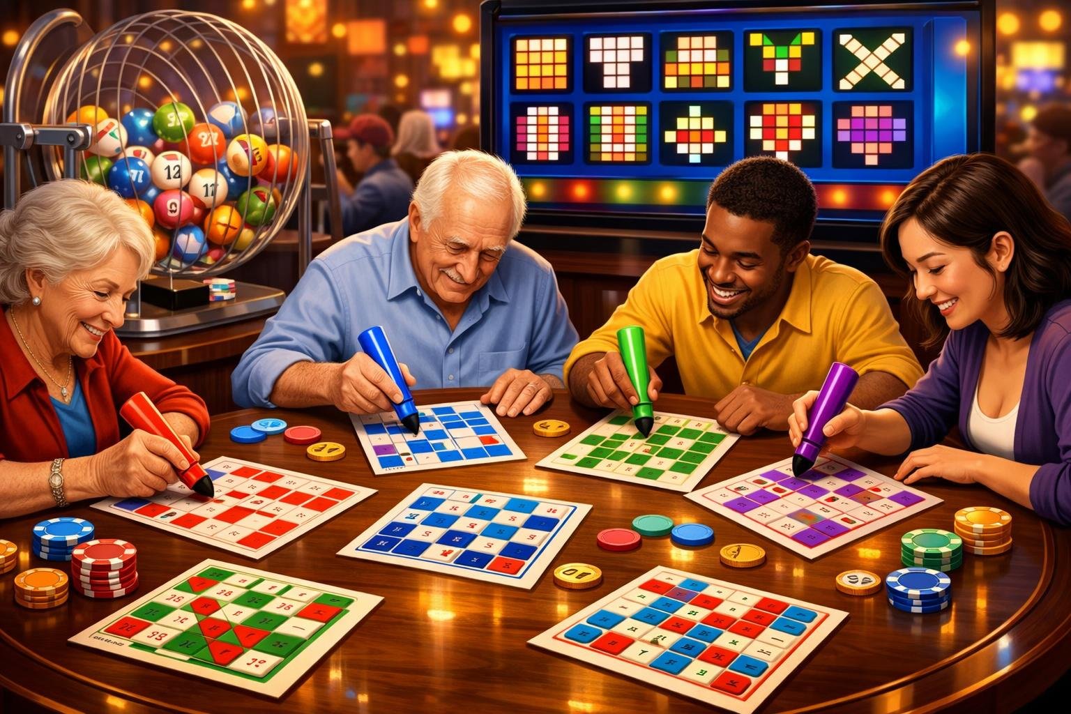 A Group Of People Playing Bingo With Different Bingo Cards, Bingo Balls In A Rotating Cage, And A Digital Scoreboard Showing Winning Patterns.