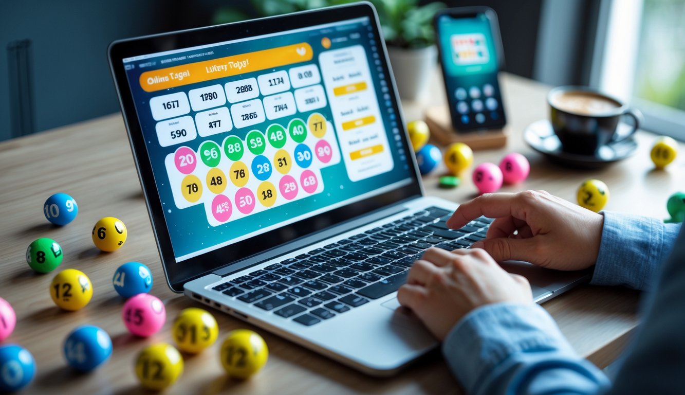 Seseorang menggunakan laptop dengan layar menampilkan antarmuka togel online, dikelilingi bola togel berwarna dan smartphone di atas meja.
