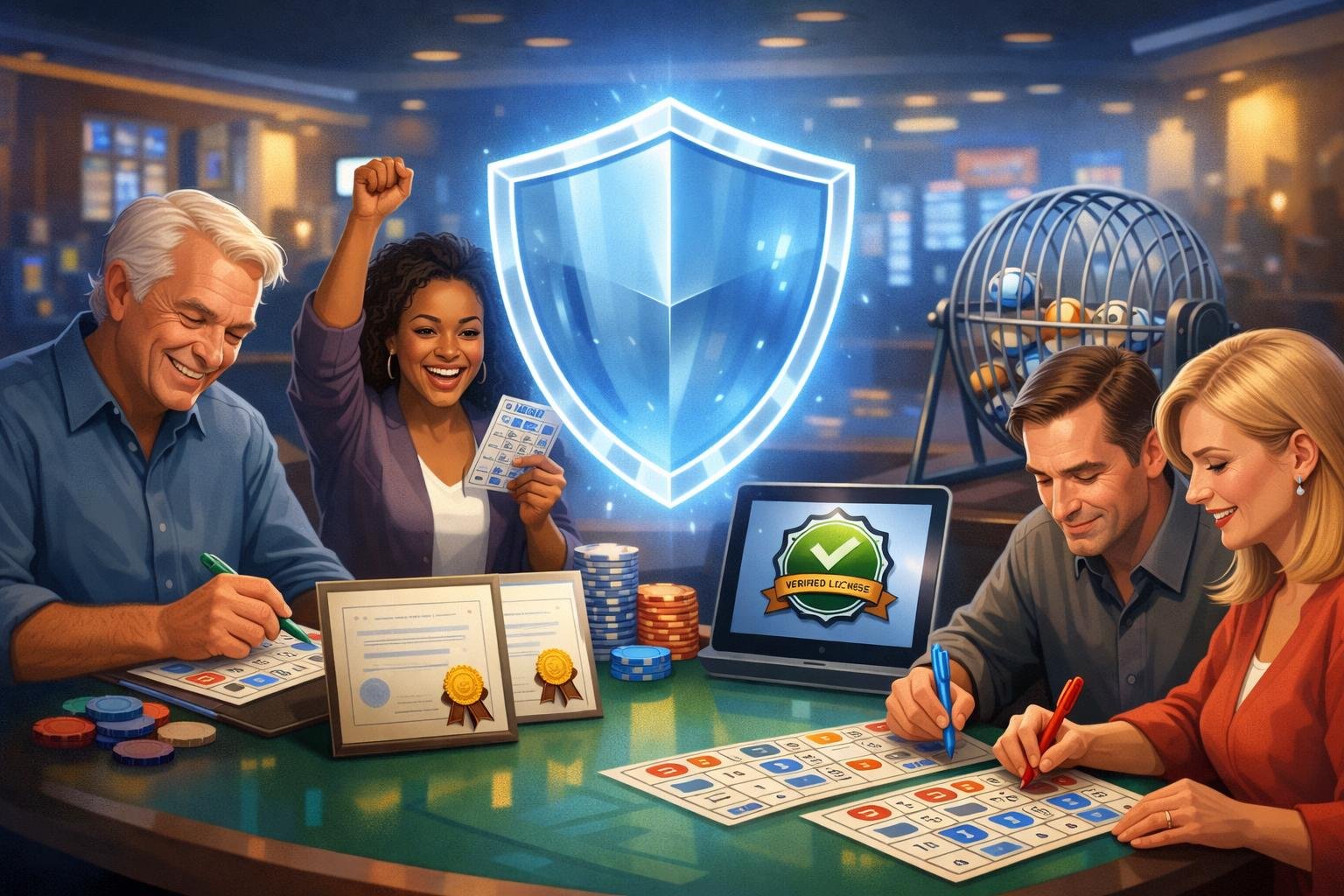 A Group Of Diverse Players Enjoying A Bingo Game In A Casino Setting With Symbols Representing Fairness And Official Licensing Nearby.