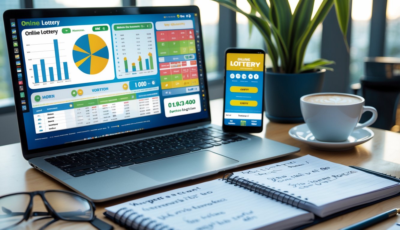 Meja kerja dengan laptop, ponsel, dan catatan yang menunjukkan strategi bermain togel online.