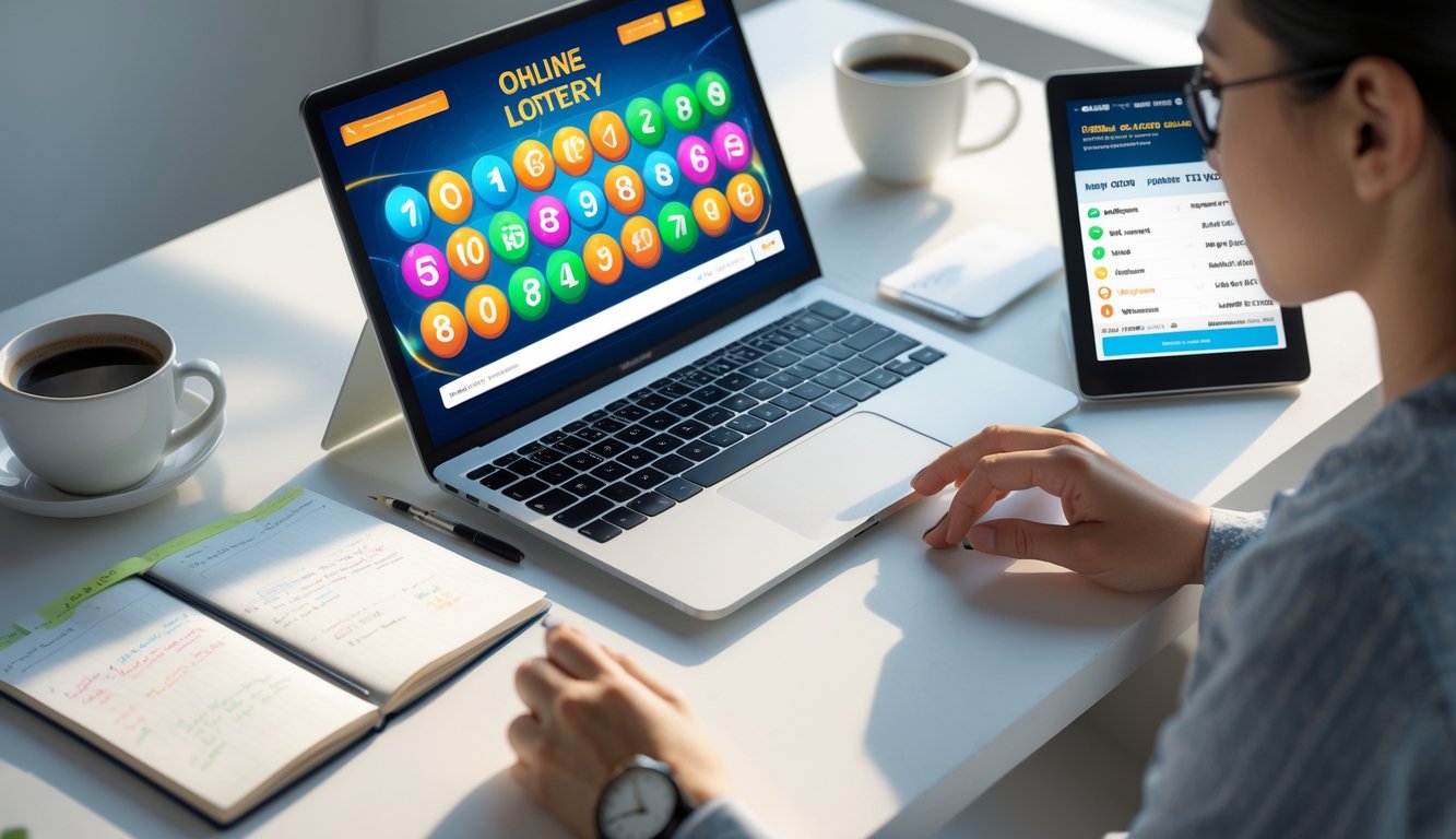 Seorang pria sedang menggunakan laptop dan tablet di meja kerja dengan suasana tenang untuk bermain togel online.