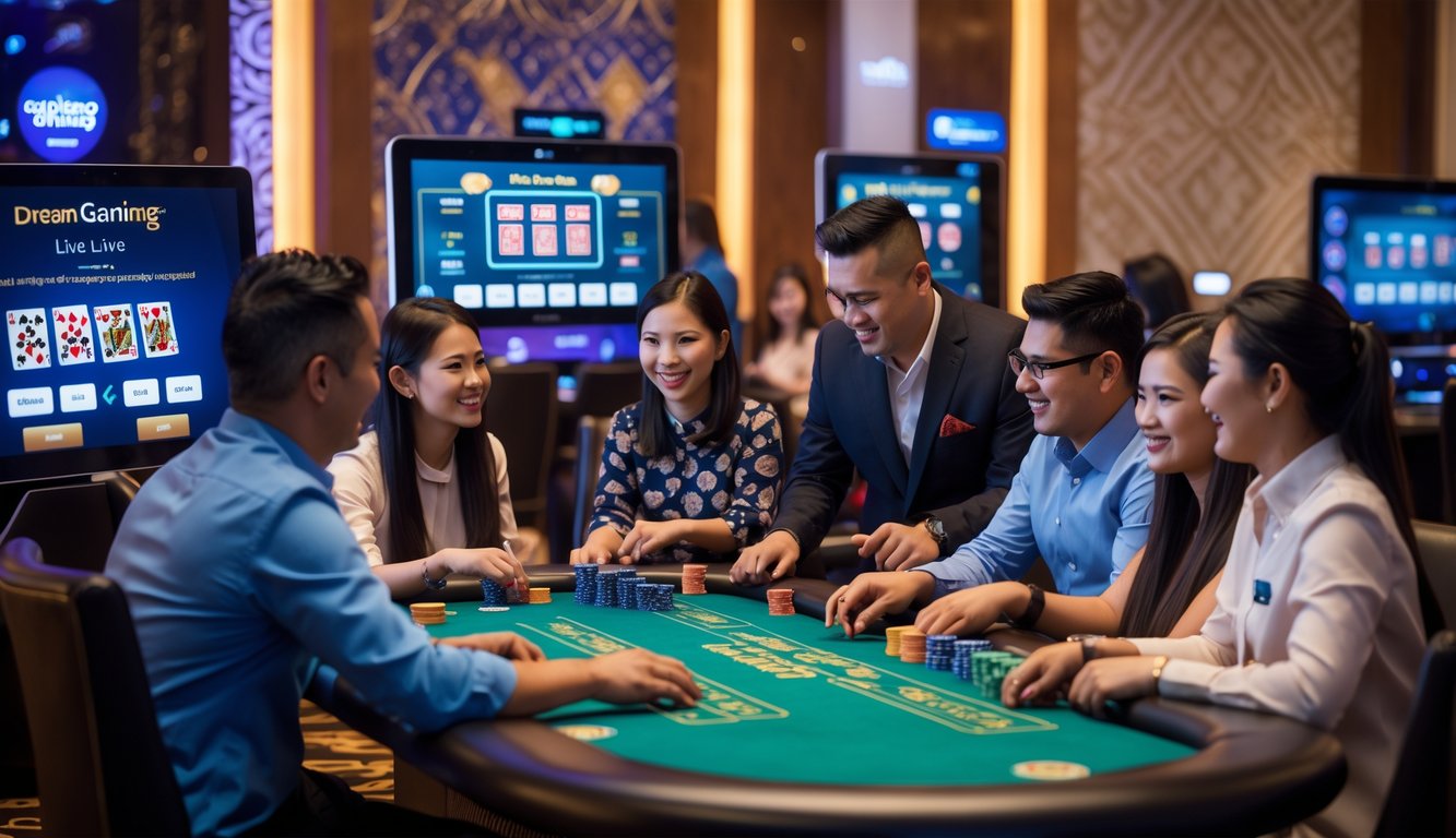 Sejumlah orang sedang bermain di meja kasino langsung dengan dealer, suasana ramah dan fokus di dalam ruangan kasino modern.
