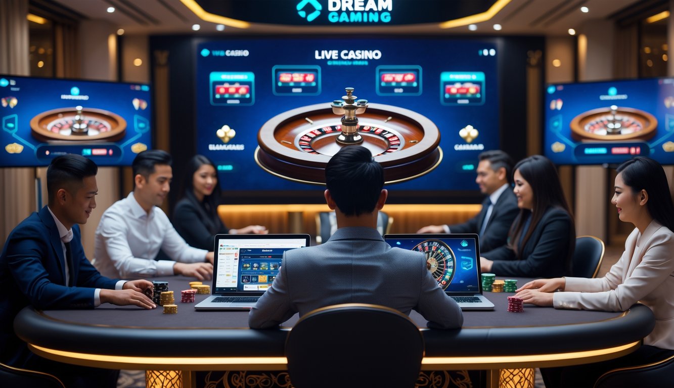 Suasana kasino langsung dengan dealer dan pemain yang menggunakan perangkat digital untuk bermain permainan kasino secara online.