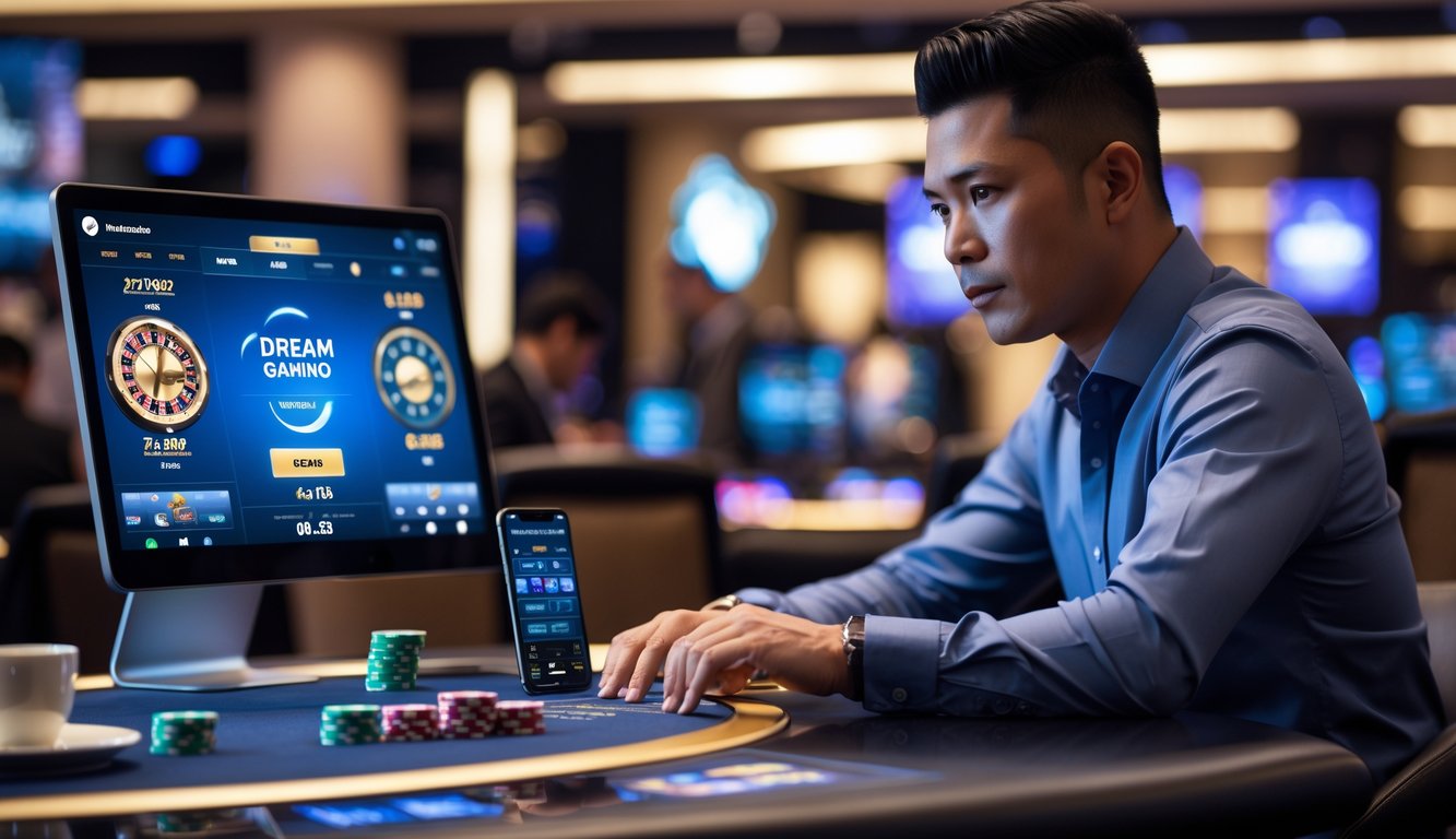 Seorang pria Indonesia duduk di meja permainan kasino langsung, fokus pada layar digital dengan antarmuka Dream Gaming, dikelilingi chip dan suasana kasino modern.