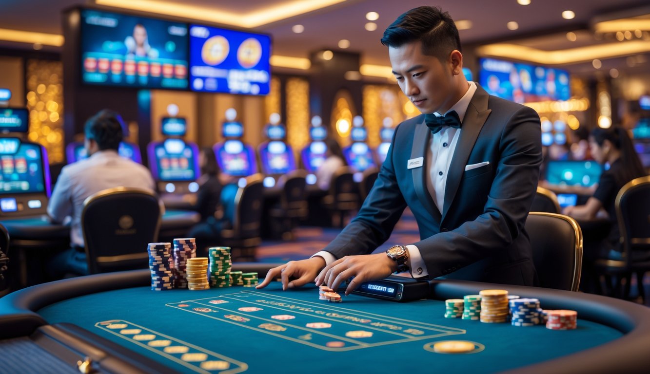 Seorang dealer profesional di meja judi live casino dengan pemain yang fokus bermain dalam suasana kasino modern.