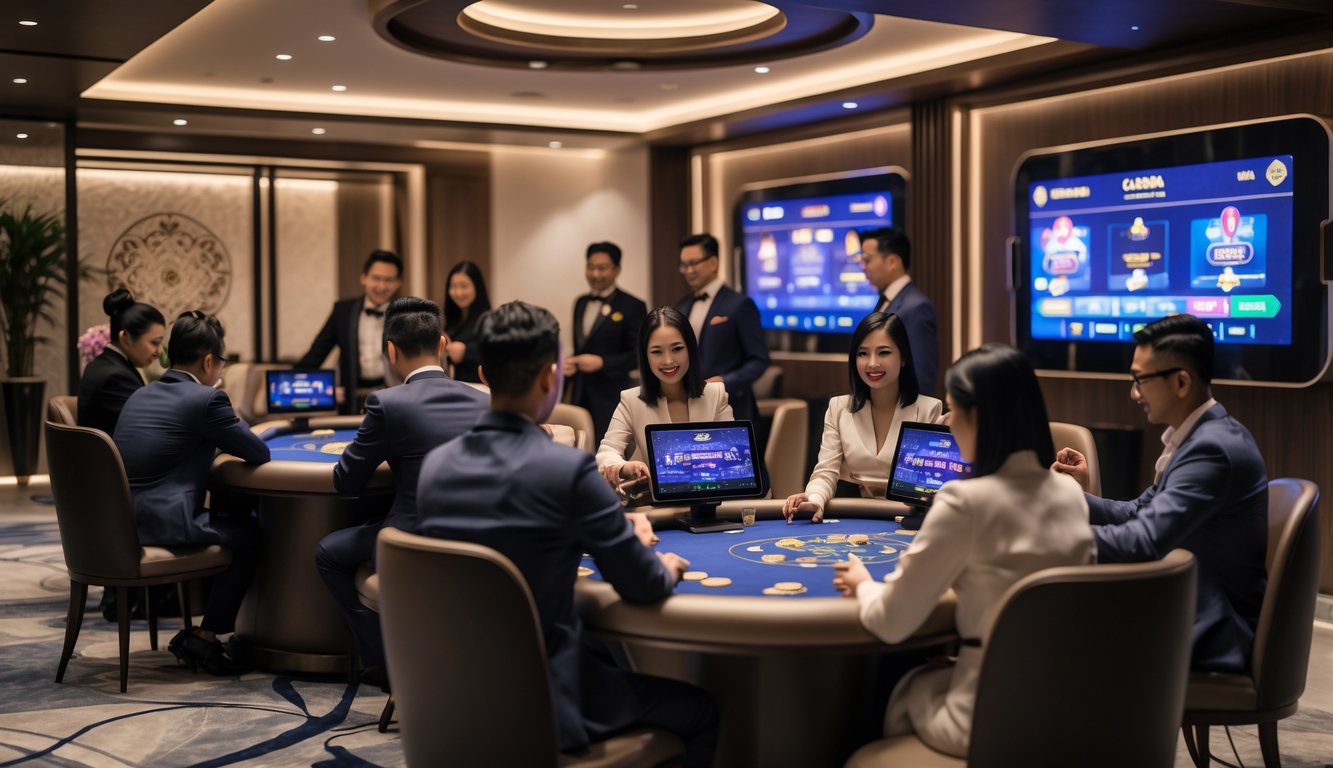 Suasana kasino langsung yang mewah dengan orang-orang bermain di meja permainan, menampilkan interaksi antara dealer dan pemain dalam lingkungan yang modern dan profesional.