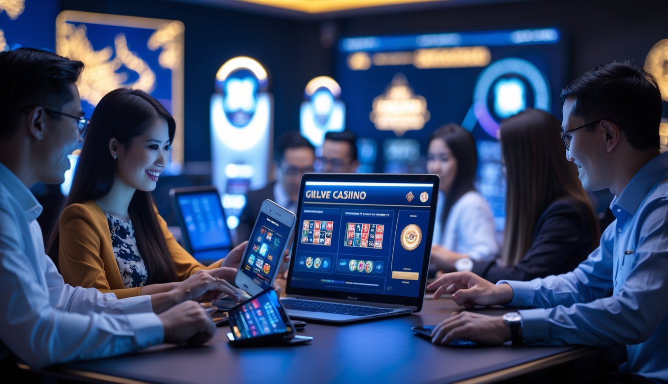 Orang-orang bermain permainan kasino langsung secara online menggunakan berbagai perangkat digital dalam suasana yang profesional dan terpercaya dengan latar belakang yang menunjukkan konteks Indonesia.