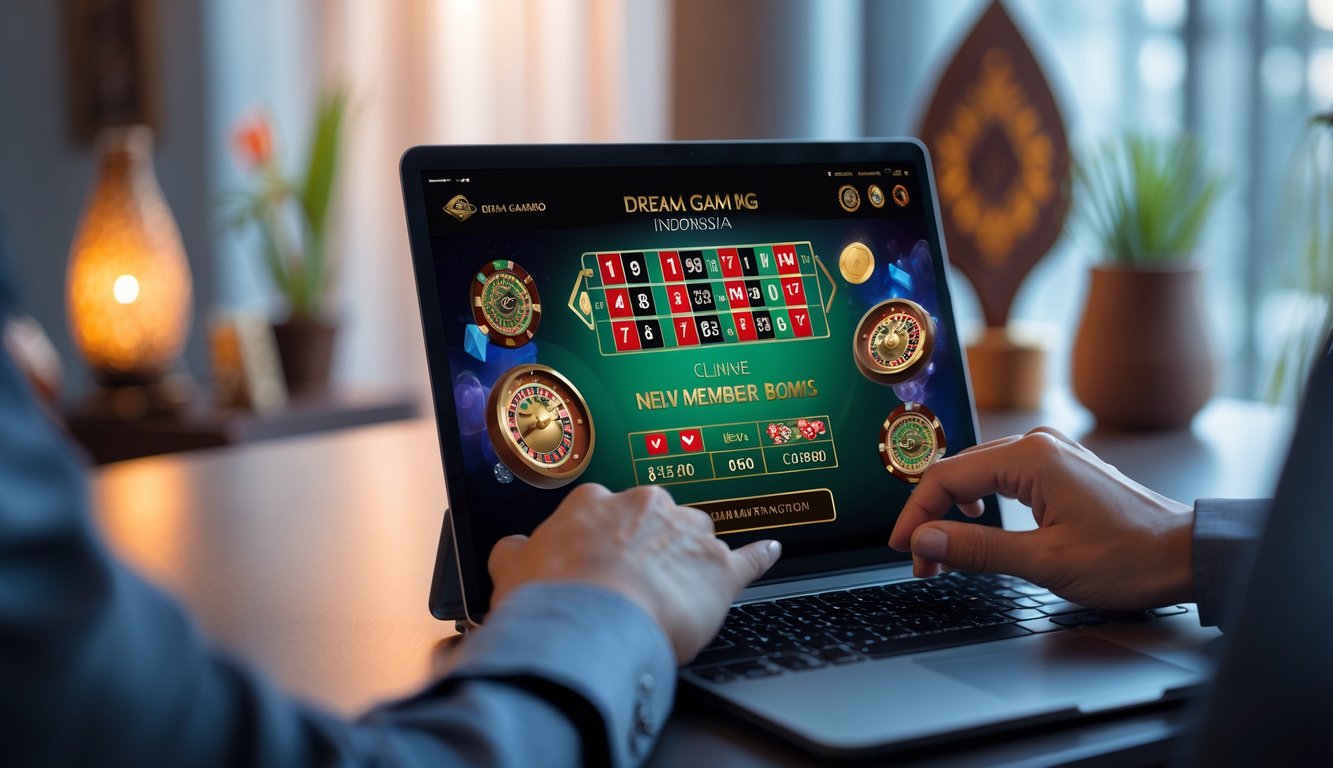 Seseorang menggunakan laptop dengan tampilan permainan kasino langsung di layar dalam suasana kerja yang modern dan rapi.