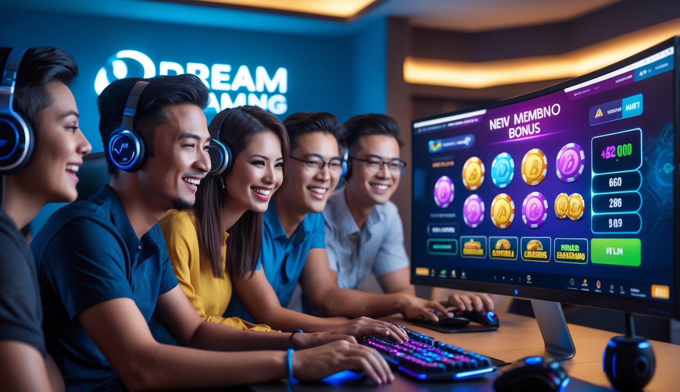 Beberapa orang muda sedang bermain permainan kasino online di depan komputer dengan ekspresi antusias di ruangan yang nyaman.