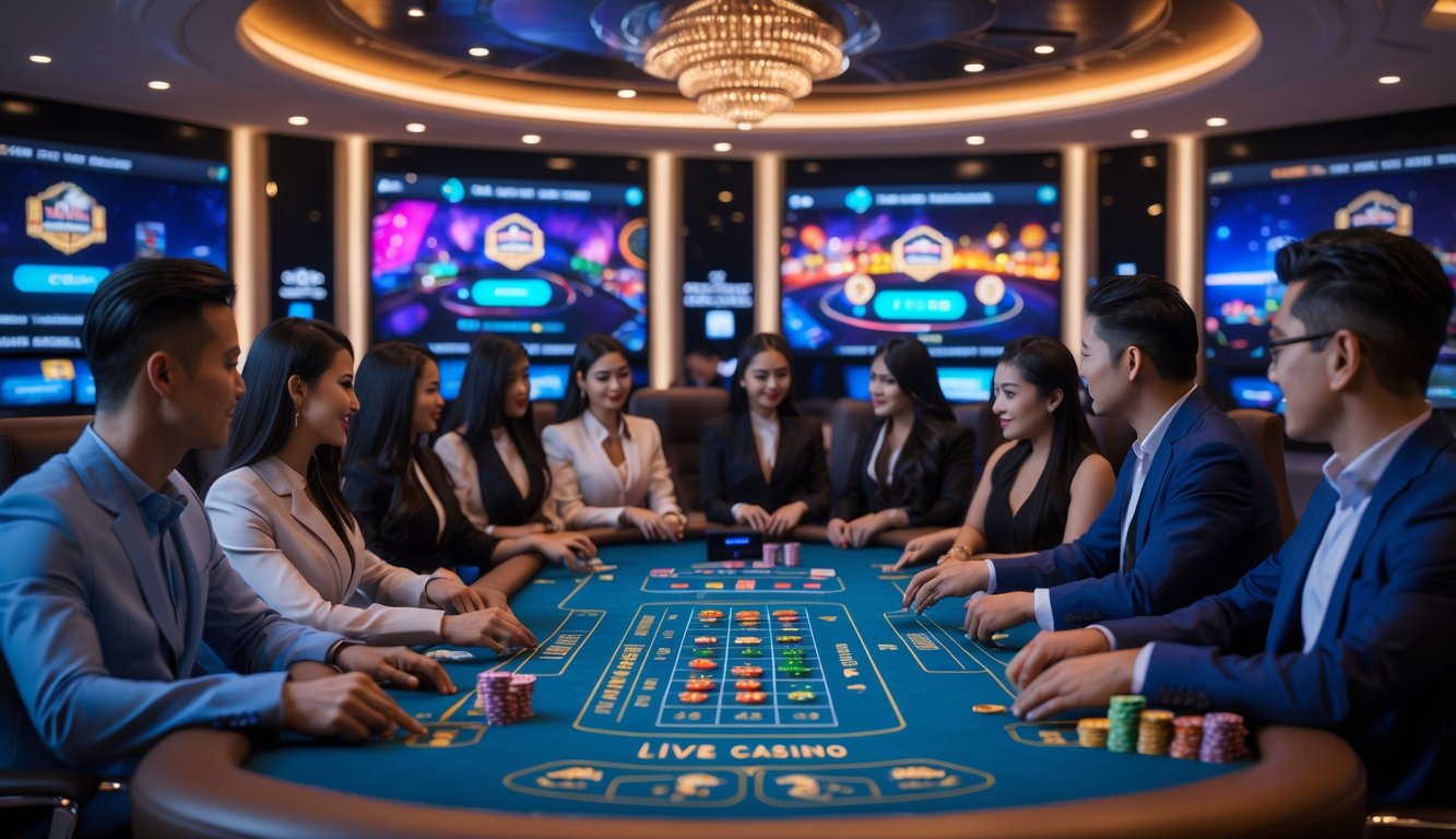 Seorang dealer dan beberapa pemain sedang bermain di meja kasino langsung dengan layar digital dan suasana futuristik.