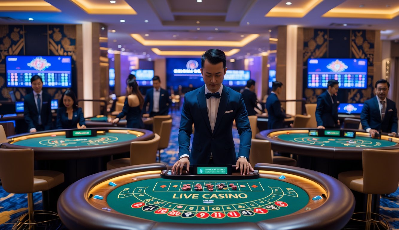 Suasana kasino langsung yang modern dengan dealer dan pemain yang sedang bermain game populer di Dream Gaming Indonesia.