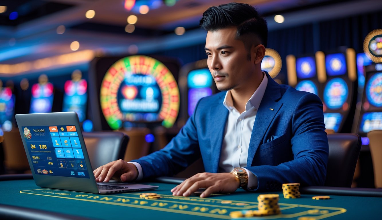 Seorang pria Asia Tenggara duduk di meja kasino dengan laptop dan ponsel, fokus bermain judi live casino di lingkungan kasino modern.