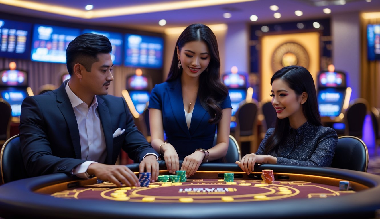 Dua pemain sedang bermain di meja kasino langsung Dream Gaming dengan dealer, fokus dan serius dalam suasana kasino modern.