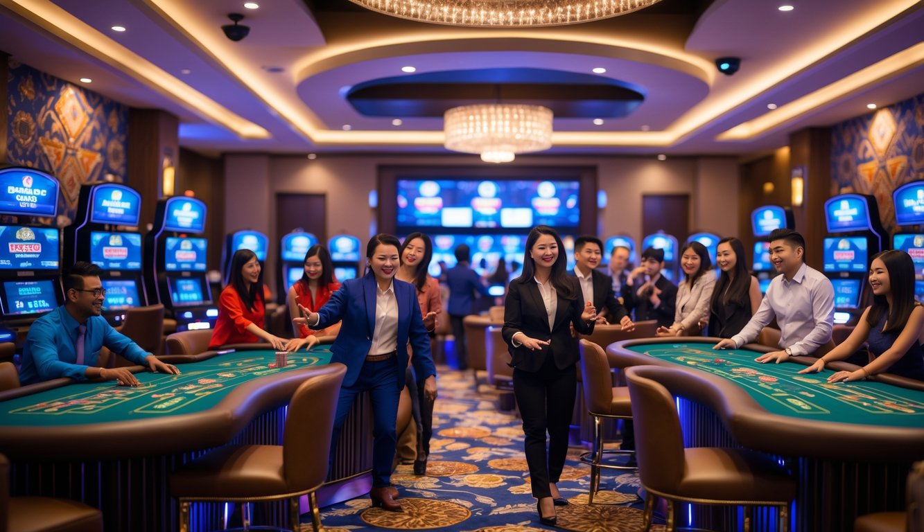 Suasana kasino langsung yang ramai dengan pemain dan dealer yang sedang bermain di meja judi, menampilkan elemen budaya Indonesia secara halus.