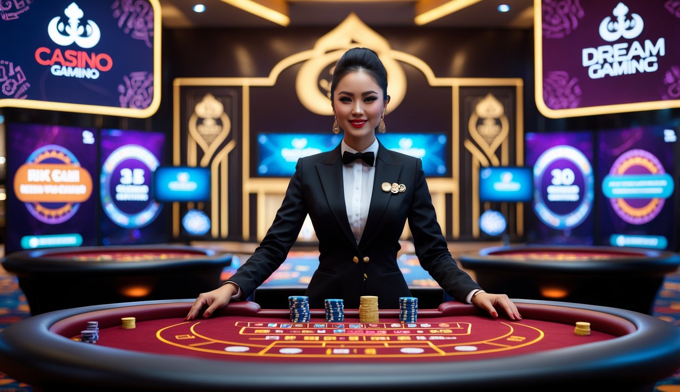 Seorang dealer kasino langsung yang profesional di meja permainan dengan kartu dan chip, dikelilingi oleh layar digital di latar belakang.