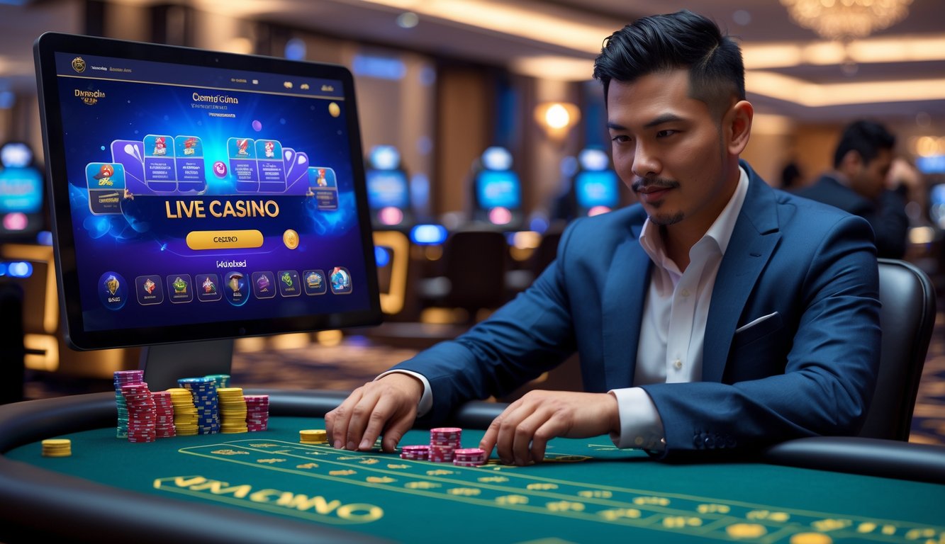 Seorang pria Indonesia sedang duduk di meja kasino modern, mengelola chip taruhan dengan fokus di depan layar permainan kasino langsung.