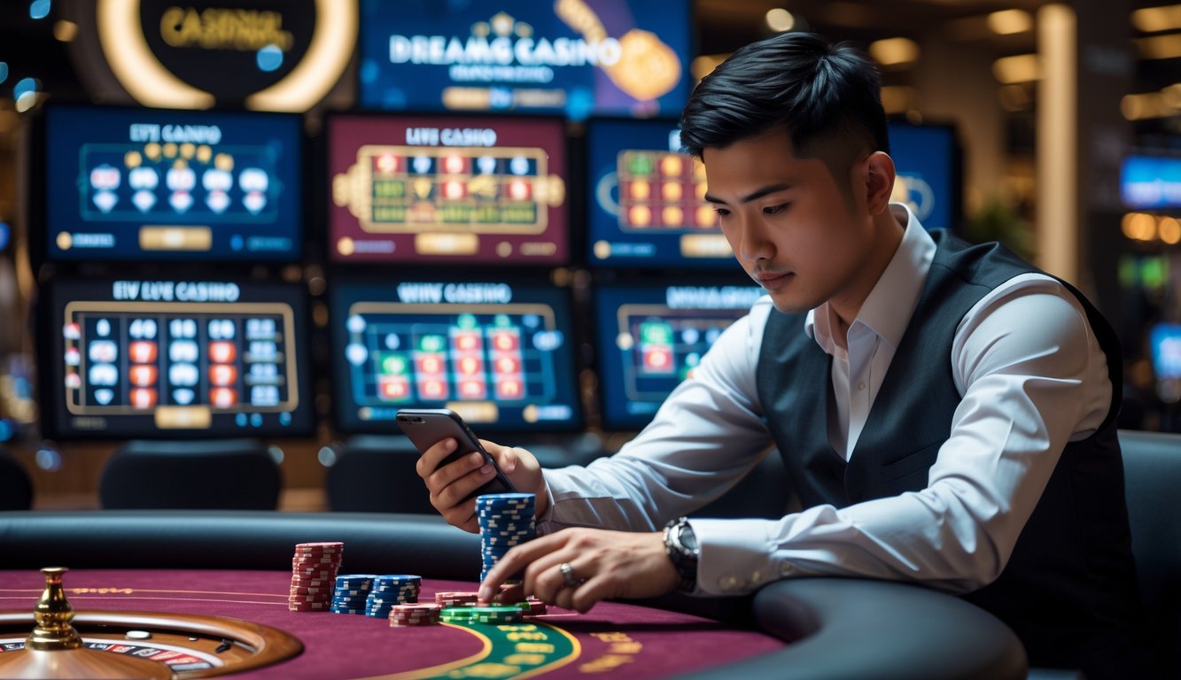 Seorang pria muda duduk di meja kasino dengan layar permainan kasino langsung di latar belakang, sedang mengatur chip poker dan menggunakan perangkat digital.
