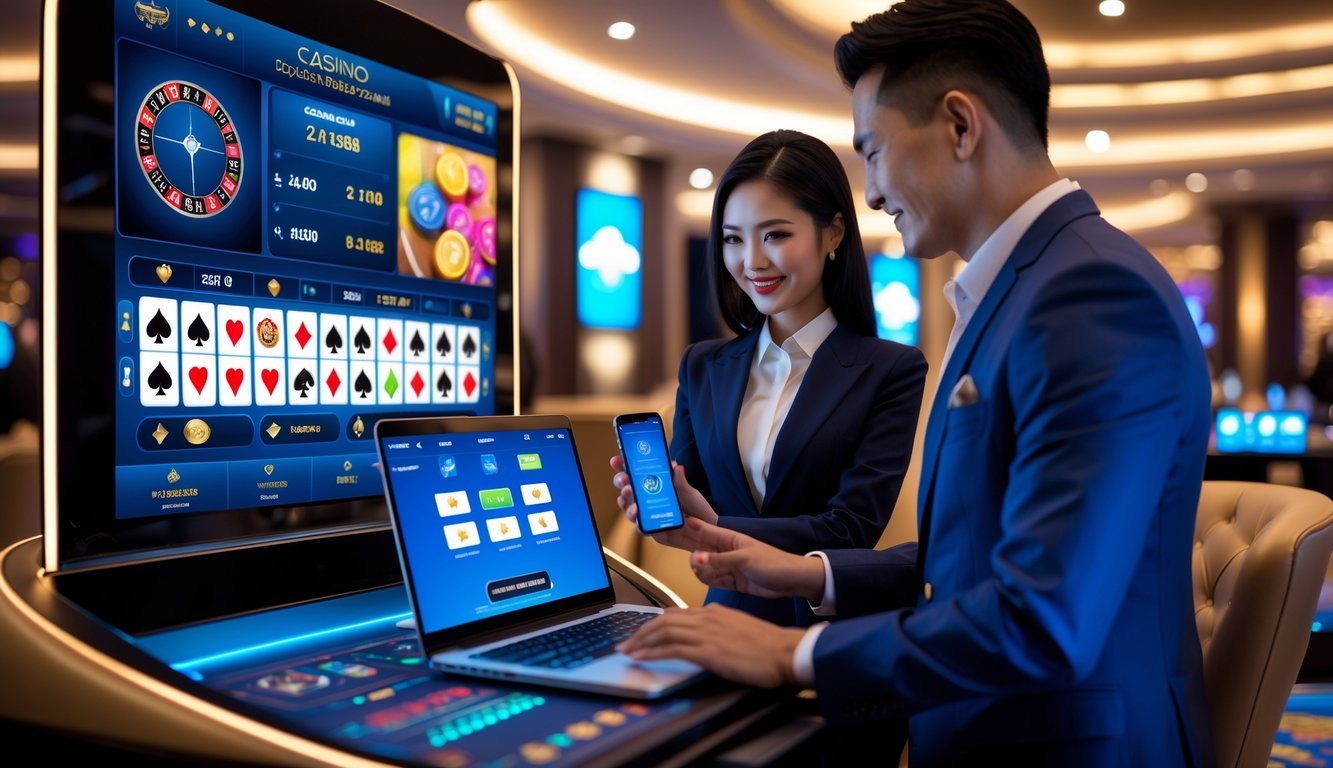 Seorang pria dan wanita sedang menggunakan laptop dan ponsel di meja kasino modern dengan layar permainan kasino digital di latar belakang.