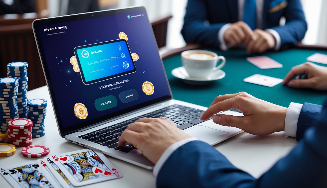 Seseorang menggunakan laptop atau ponsel untuk melakukan transaksi di kasino online dengan suasana meja dealer dan perlengkapan kasino di latar belakang.