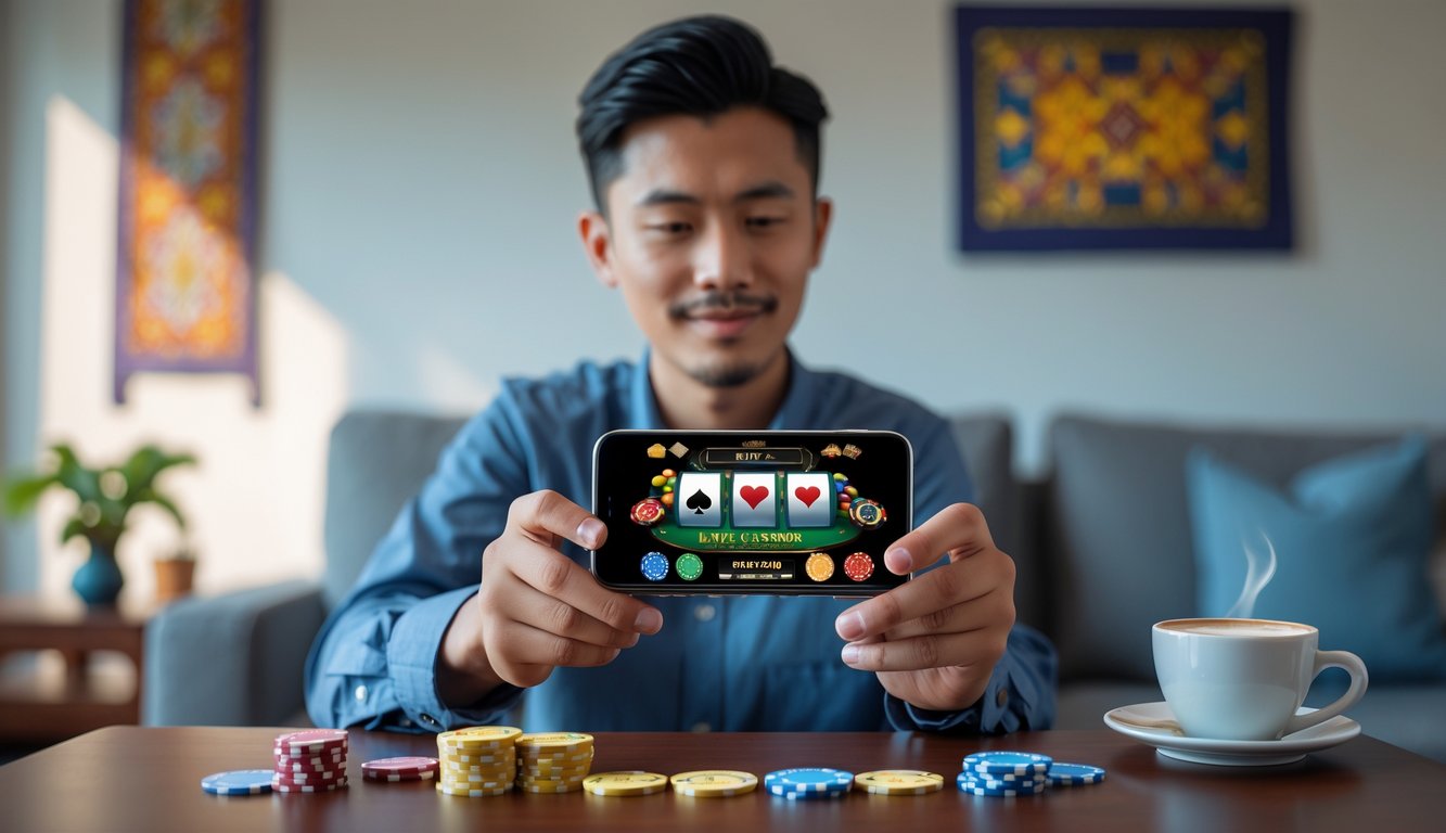 Seorang pria muda Indonesia bermain permainan kasino langsung di ponsel di ruang tamu yang nyaman.