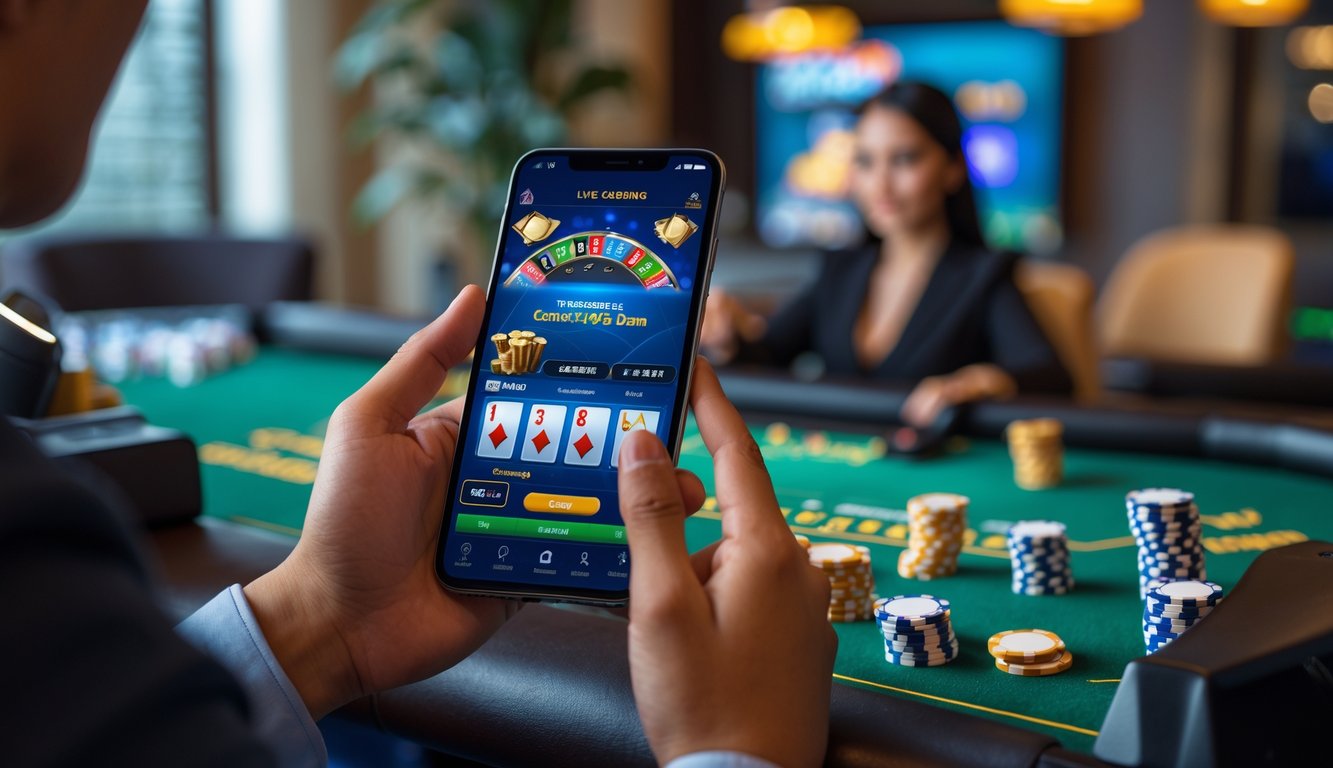 Seseorang sedang bermain game kasino langsung Dream Gaming menggunakan ponsel di dalam ruangan yang nyaman.