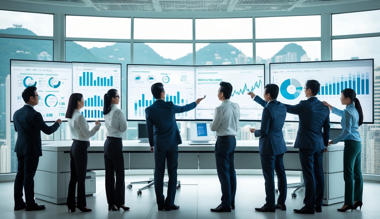 Sekelompok profesional di kantor modern sedang menganalisis data pada layar komputer dengan latar belakang pemandangan kota Hong Kong.