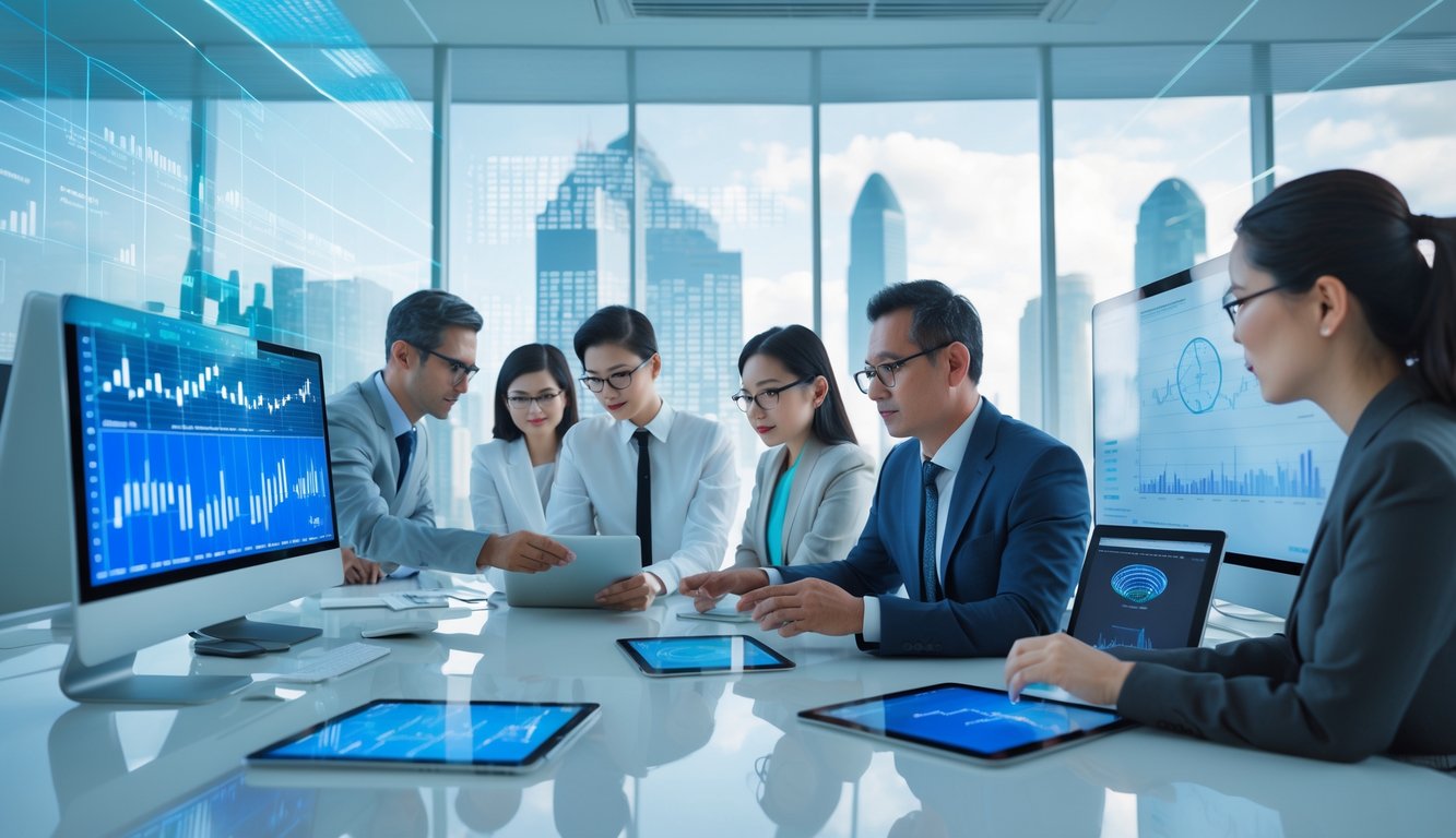 Sekelompok profesional sedang menganalisis data dan grafik di kantor modern dengan pemandangan kota Hong Kong di latar belakang.