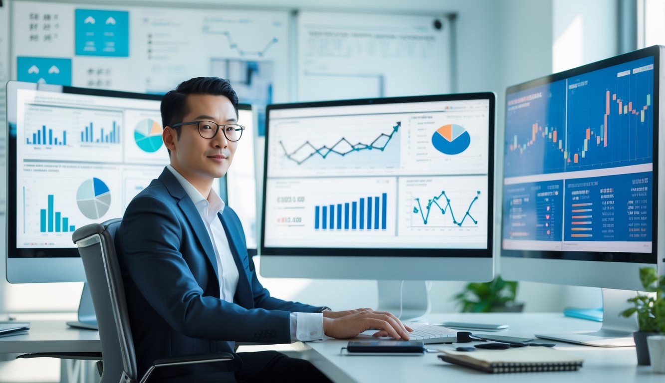 Seorang analis data sedang bekerja di depan beberapa layar komputer yang menampilkan grafik dan data terkait pasar Hong Kong di sebuah kantor modern.