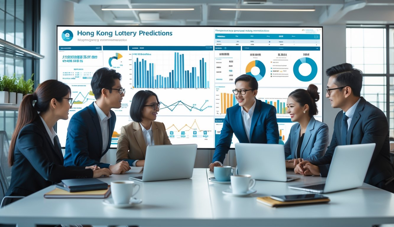 Sekelompok profesional berdiskusi di ruang kantor modern dengan layar digital yang menampilkan grafik dan data terkait prediksi Hongkong.