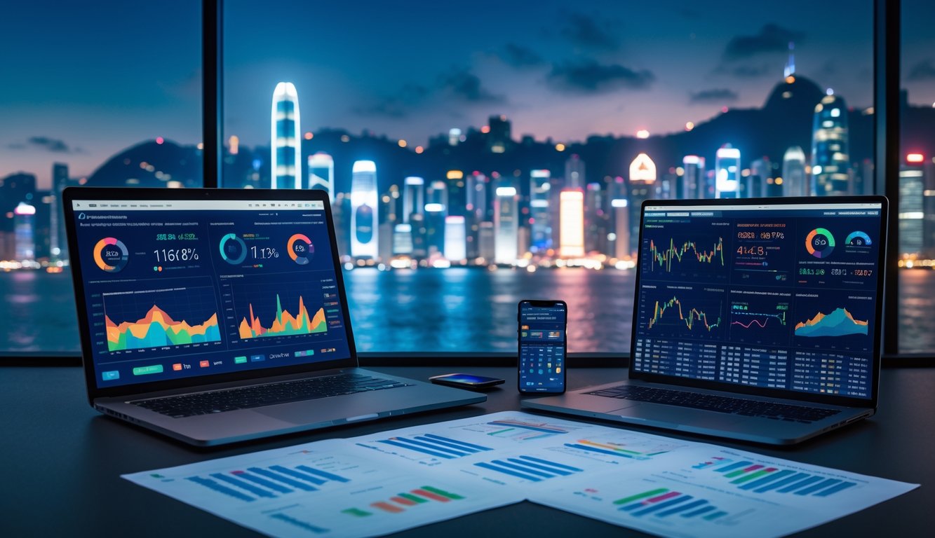 Meja kerja dengan laptop, ponsel, dan laporan statistik, latar belakang pemandangan malam kota Hong Kong yang terang benderang.