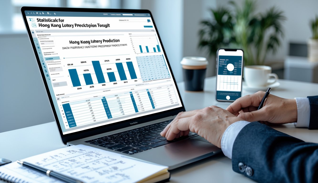 Seorang profesional bekerja di depan laptop dengan grafik data dan catatan statistik di meja, di ruang kantor yang terang dan rapi.