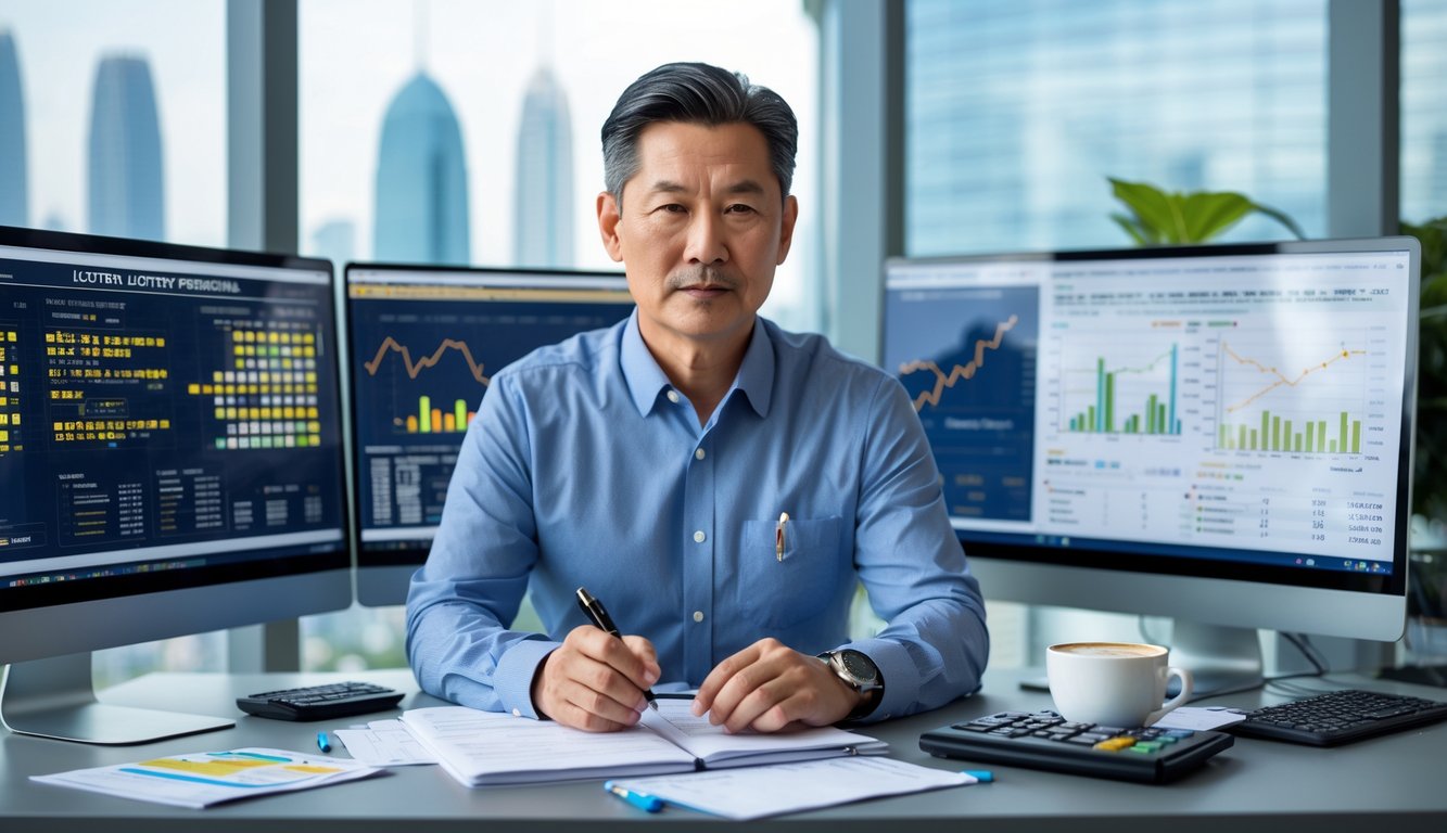 Seorang pria Asia duduk di meja kantor modern dengan layar komputer menampilkan grafik dan data, sedang menganalisis informasi dengan serius.