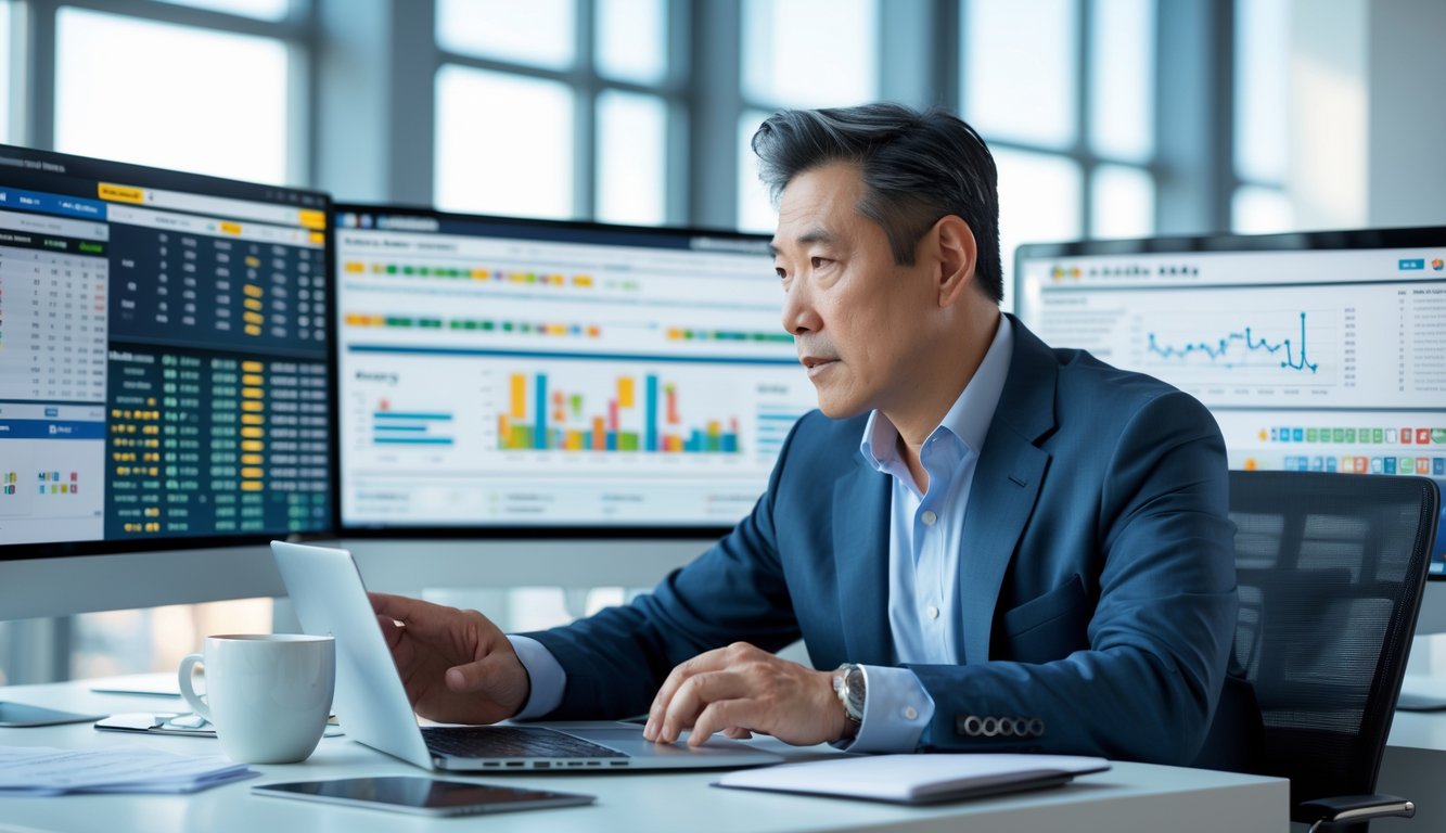 Seorang pria Asia paruh baya sedang fokus menganalisis data di depan beberapa layar komputer di kantor modern.