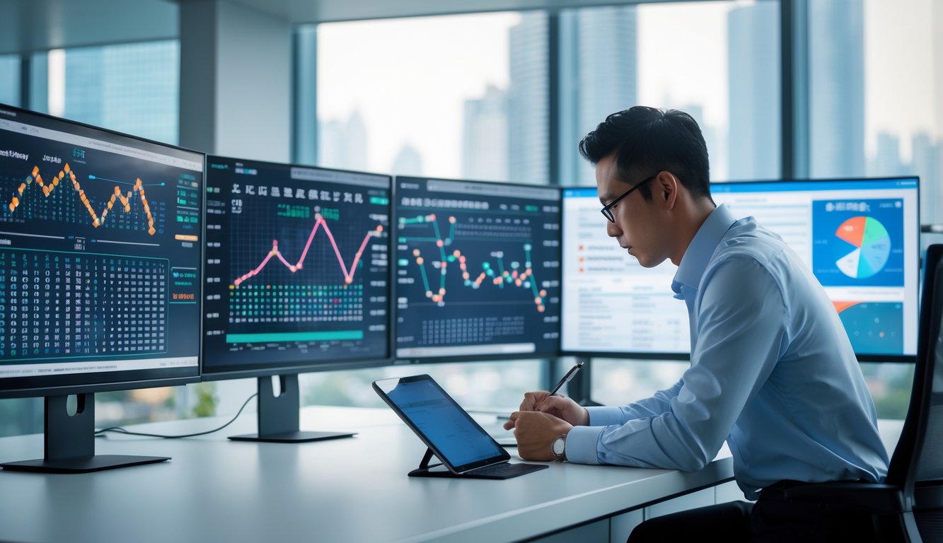 Seorang analis sedang bekerja di depan beberapa monitor yang menampilkan grafik angka dan pola di ruang kantor dengan pemandangan kota Hong Kong di latar belakang.