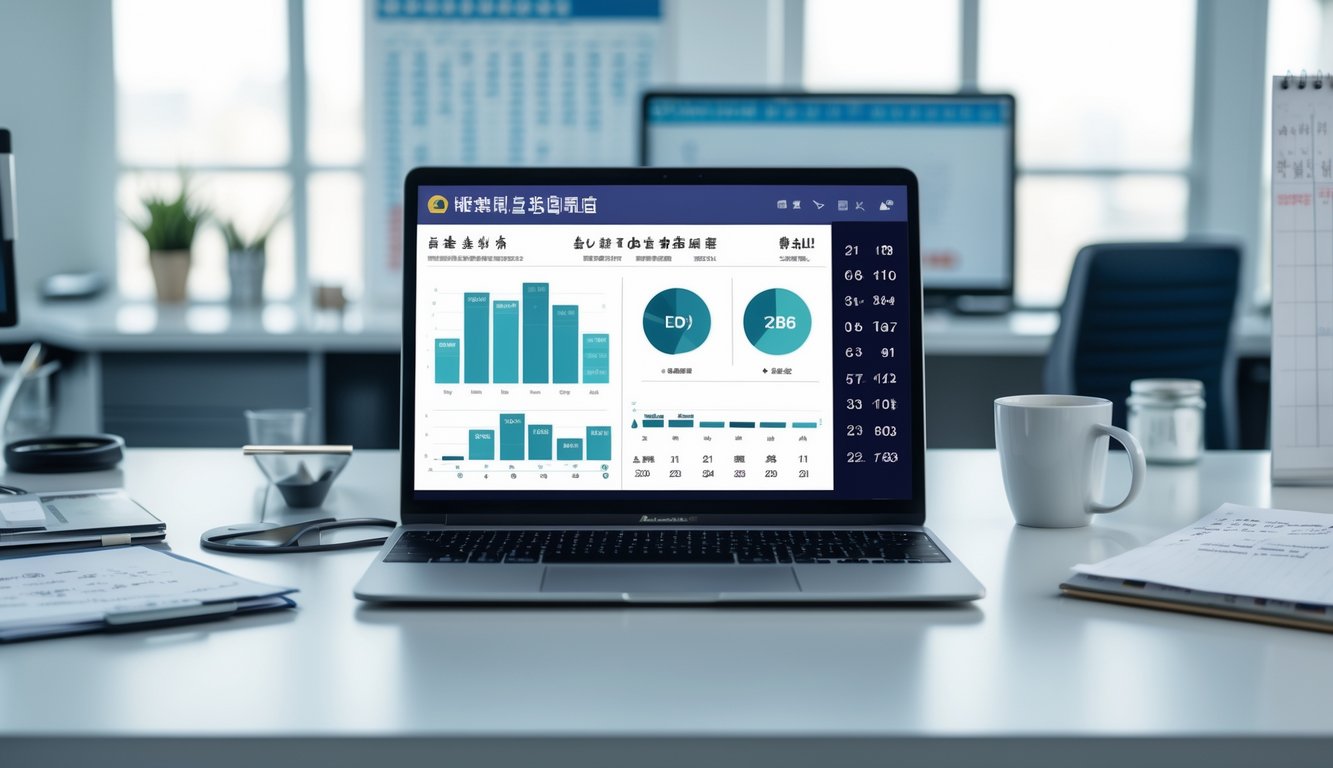 Meja kerja modern dengan laptop dan tablet menampilkan grafik dan pola angka, suasana kantor yang bersih dan terang.