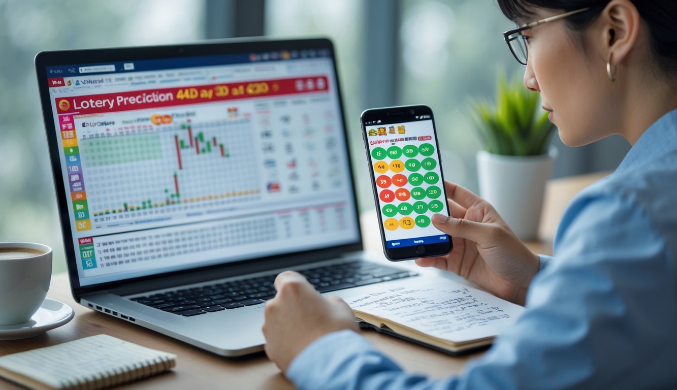 Seseorang sedang menganalisis prediksi angka togel di sebuah meja kerja dengan laptop dan ponsel.