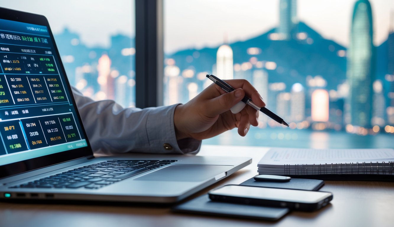 Seorang individu sedang menganalisis data prediksi togel menggunakan laptop dan alat tulis di meja kerja dengan latar belakang siluet kota Hong Kong.