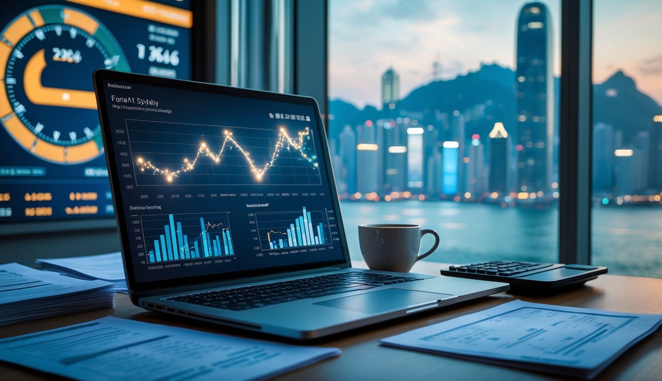 Meja kerja modern dengan laptop yang menampilkan grafik dan data, kertas dan kalkulator di sekitar, jendela memperlihatkan pemandangan kota Hong Kong di pagi hari.