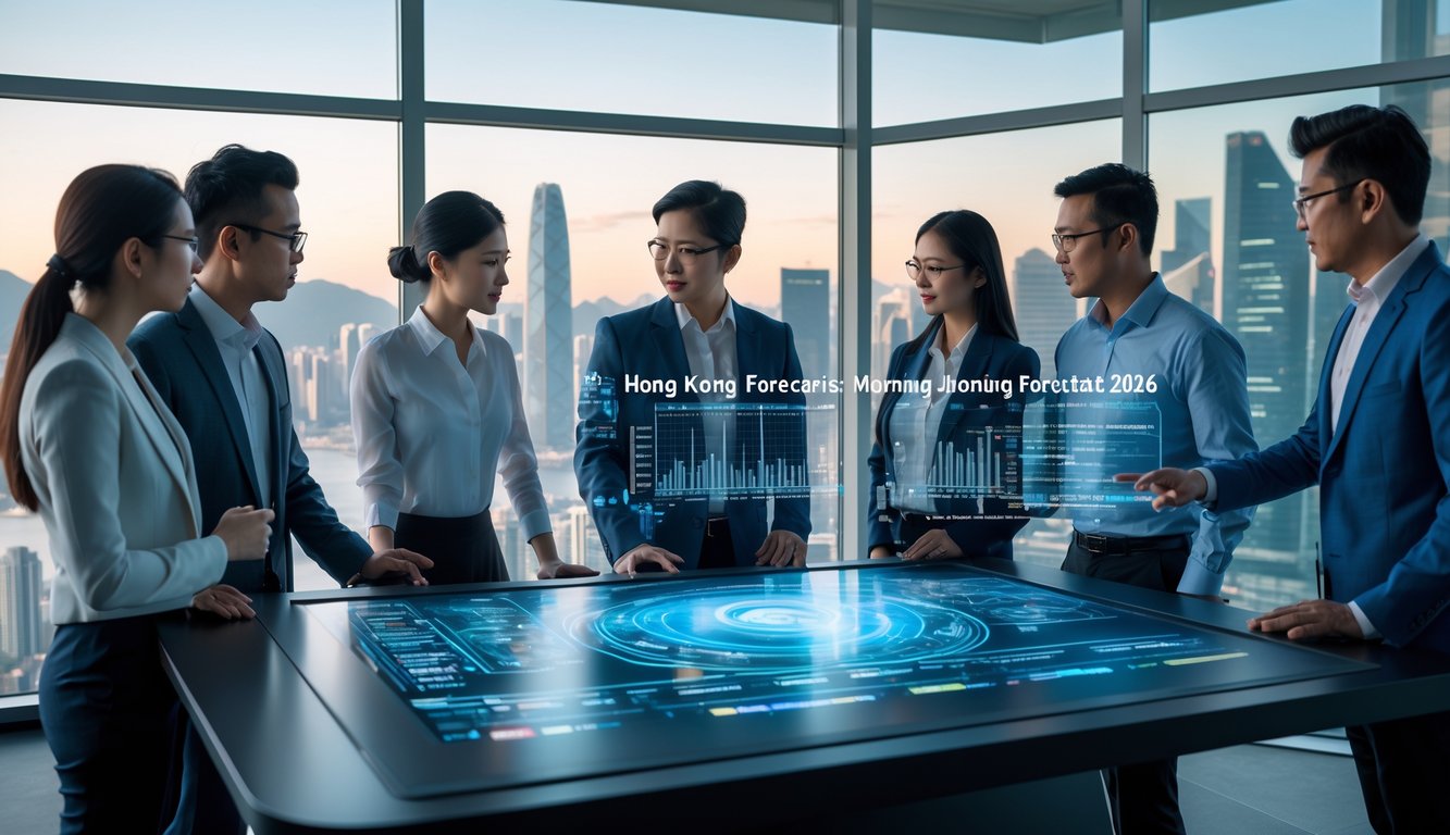 Sekelompok profesional sedang berdiskusi di ruang kantor modern dengan layar digital menampilkan data dan grafik prediksi pagi hari di kota besar.