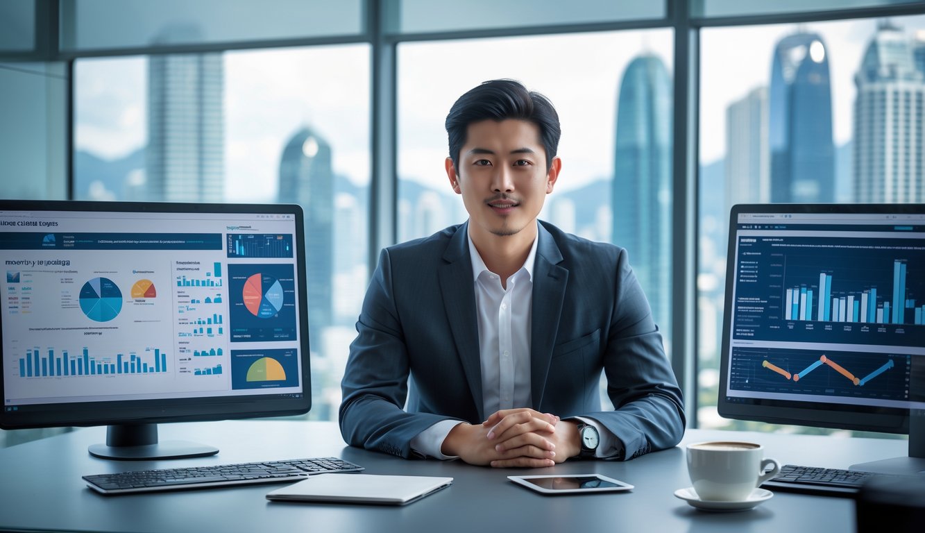 Seorang analis bisnis muda sedang bekerja dengan data dan grafik di kantor dengan pemandangan kota Hong Kong di latar belakang.