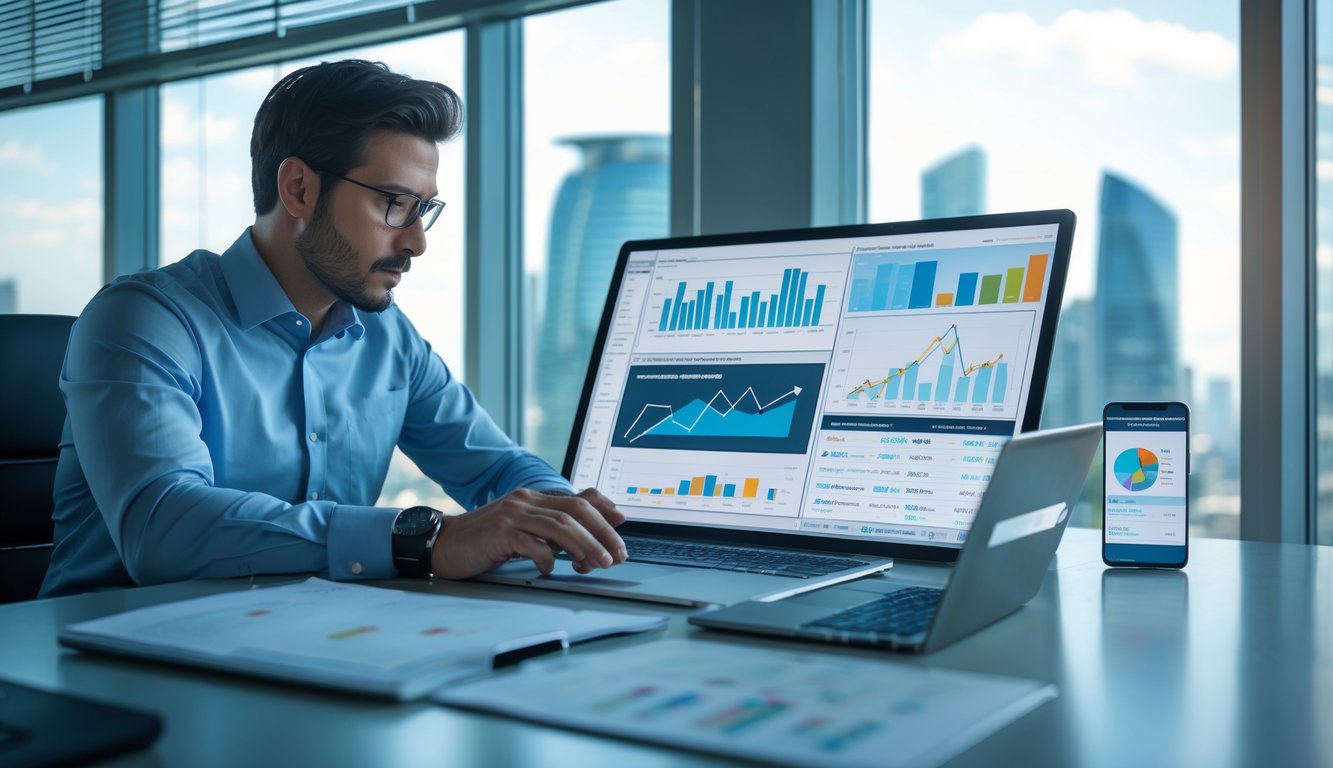 Seorang profesional sedang menganalisis data dan grafik di depan beberapa layar digital di kantor modern.