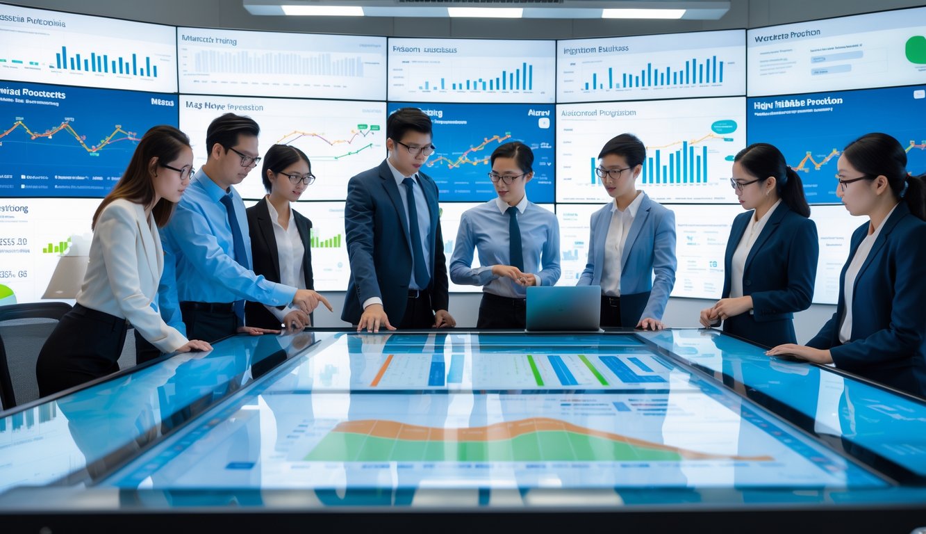 Sekelompok profesional bisnis sedang berdiskusi di ruang kantor modern dengan layar digital besar yang menampilkan grafik dan data terkait prediksi mingguan Hong Kong.