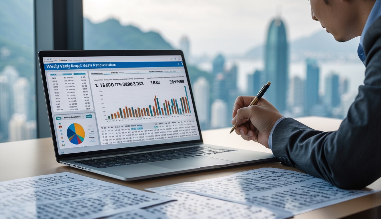 Seorang profesional sedang menganalisis data prediksi mingguan Hongkong dengan laptop dan dokumen di meja kerja yang rapi.