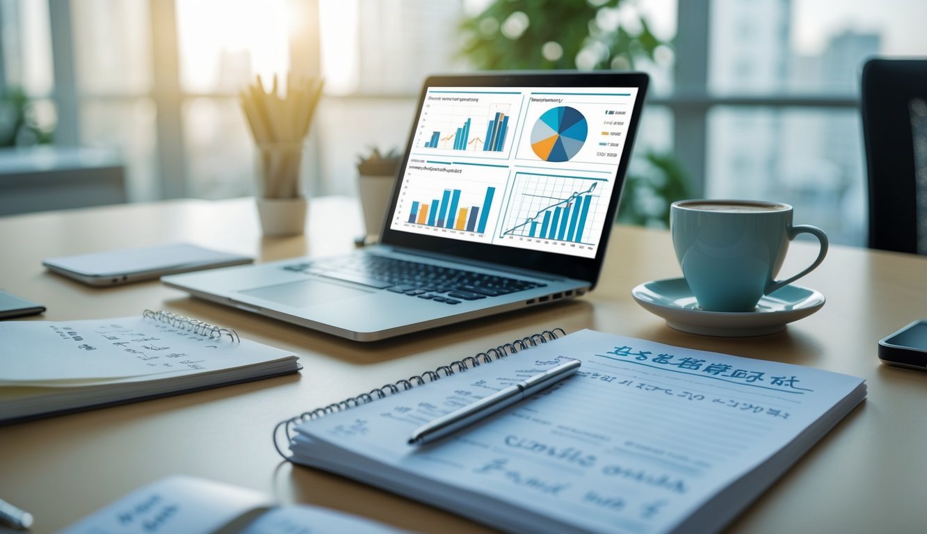 Meja kerja modern dengan laptop menampilkan grafik, buku catatan dengan angka, pena, dan cangkir kopi.