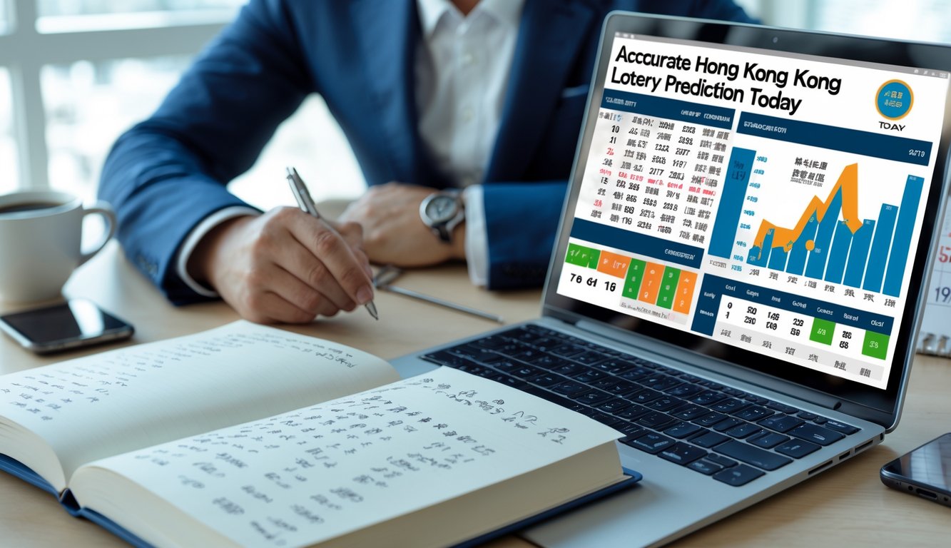 Seorang pria di meja kerja dengan laptop, buku catatan, dan alat tulis sedang menganalisis data prediksi angka.