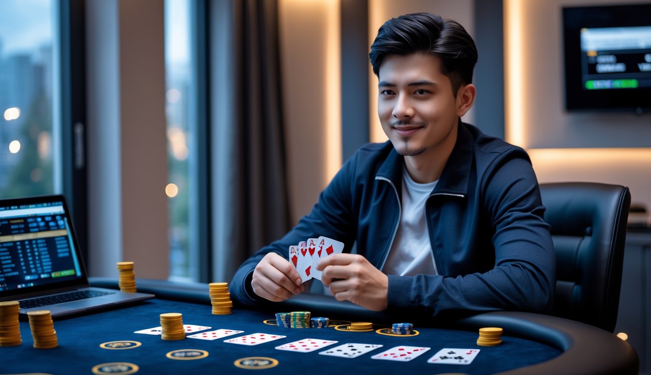 Seorang pria muda duduk di meja poker dengan kartu dan chip, terlihat fokus dan percaya diri dalam suasana ruangan yang hangat dan modern.